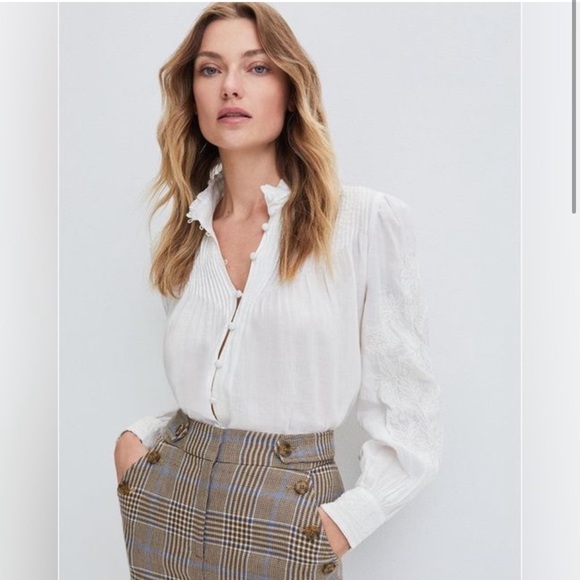 Veronica Beard Tops - VERONICA BEARD • Amandine High Neck Pleated Floral Embroidered Top White